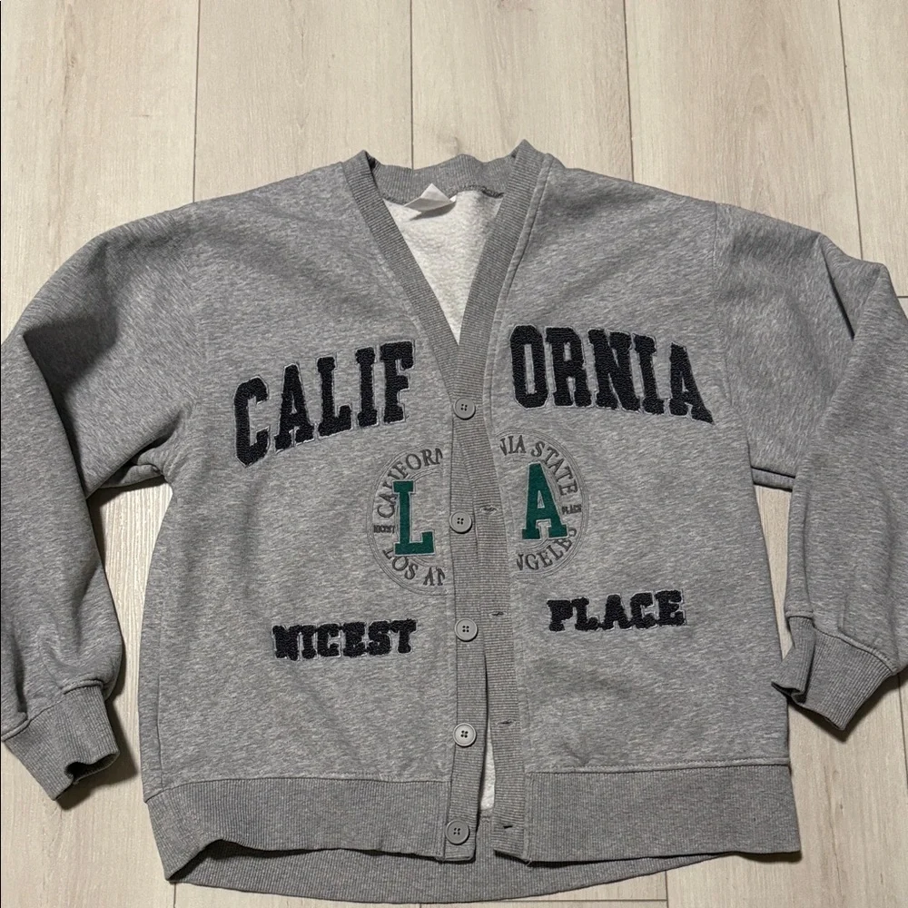 Zara Kids Long Sleeve Gray Button Up ‘California' Cardigan Style Sweatshirt